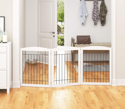 PAWLAND 144-inch Extra Wide 30-inches Tall Dog gate with Door Walk Through, Freestanding Wire Pet Gate for The House, Doorway, Stairs, Pet Puppy Safety Fence, Support Feet Included, Espresso,6 Panels