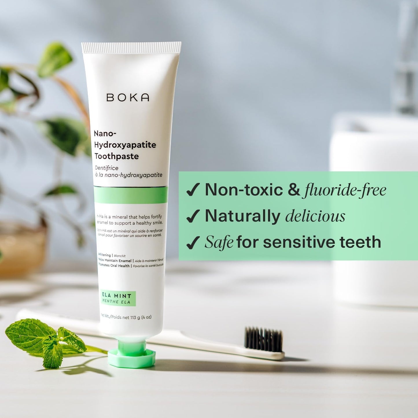 Boka Fluoride Free Toothpaste Nano Hydroxyapatite, Stocking Stuffers Remineralizing, Whitening - Dentist Recommended for Adult, Kids Oral Care Ela Mint Flavor, 4 Fl Oz 1Pk US Manufactured