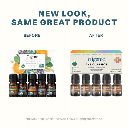 Cliganic Organic Essential Oils Set (Top 5) - 100% Pure Natural - Aromatherapy, Candle Making - Peppermint, Lavender, Eucalyptus, Lemongrass & Orange (Packaging May Vary)