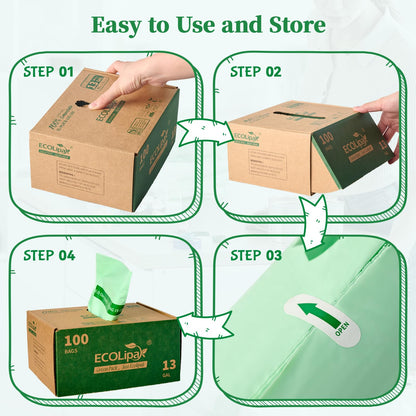 ECOLipak 49L Compostable Trash Bags – 100 Count (2 Rolls), Heavy Duty & Certified for Kitchen & Bathroom