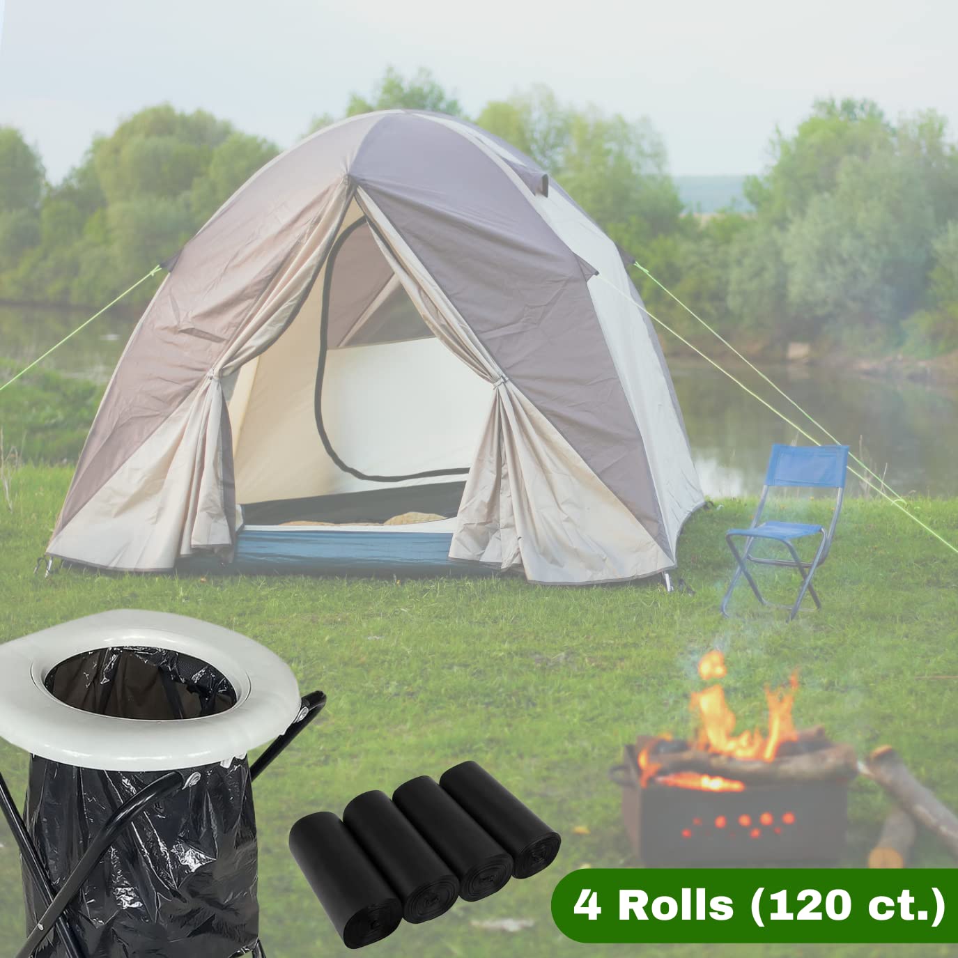 Portable Camping Waste Toilet Bags, 8 Gallon Black Can Liner for Travel, Camping and Outdoor Getaways (120 Count)