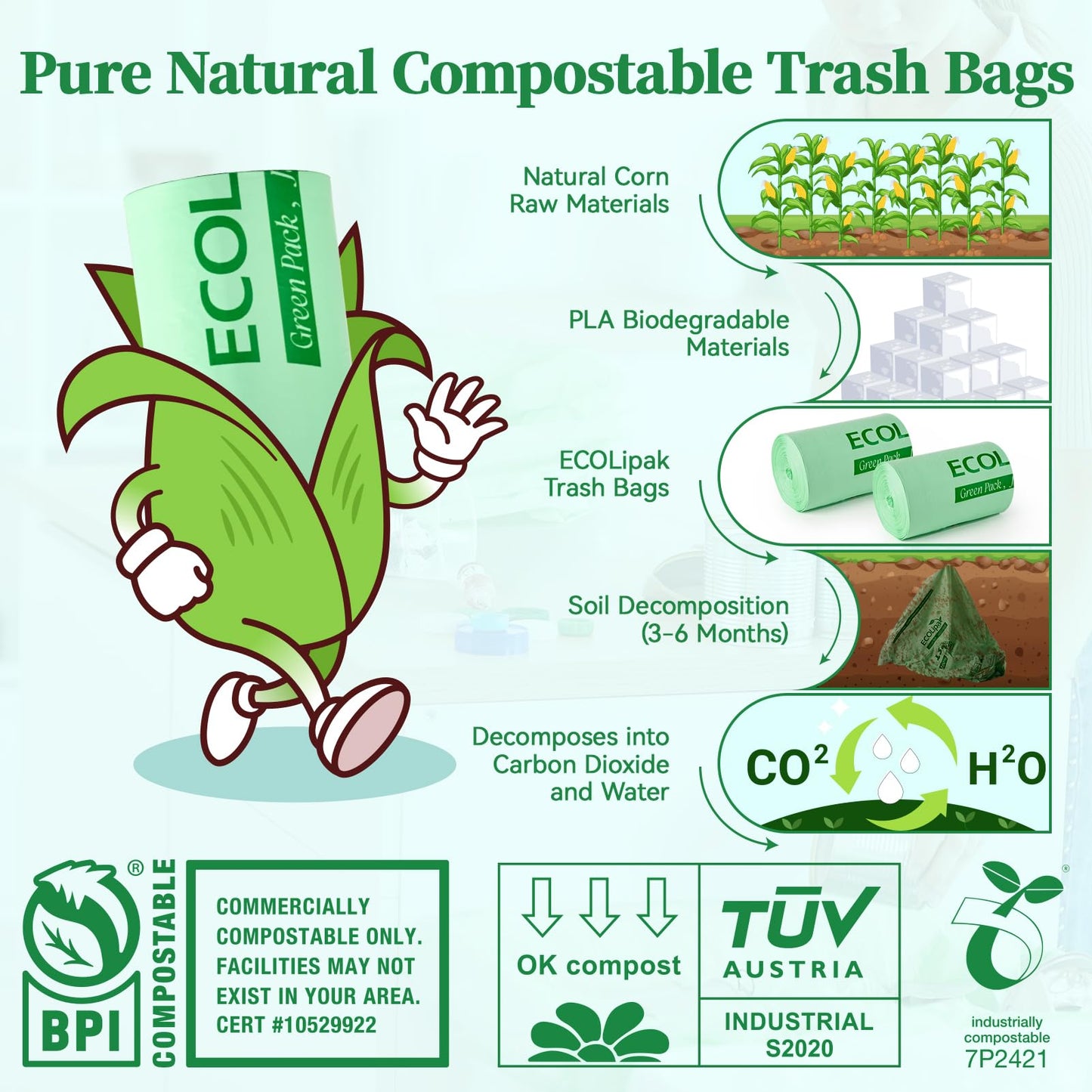 ECOLipak 49L Compostable Trash Bags – 100 Count (2 Rolls), Heavy Duty & Certified for Kitchen & Bathroom