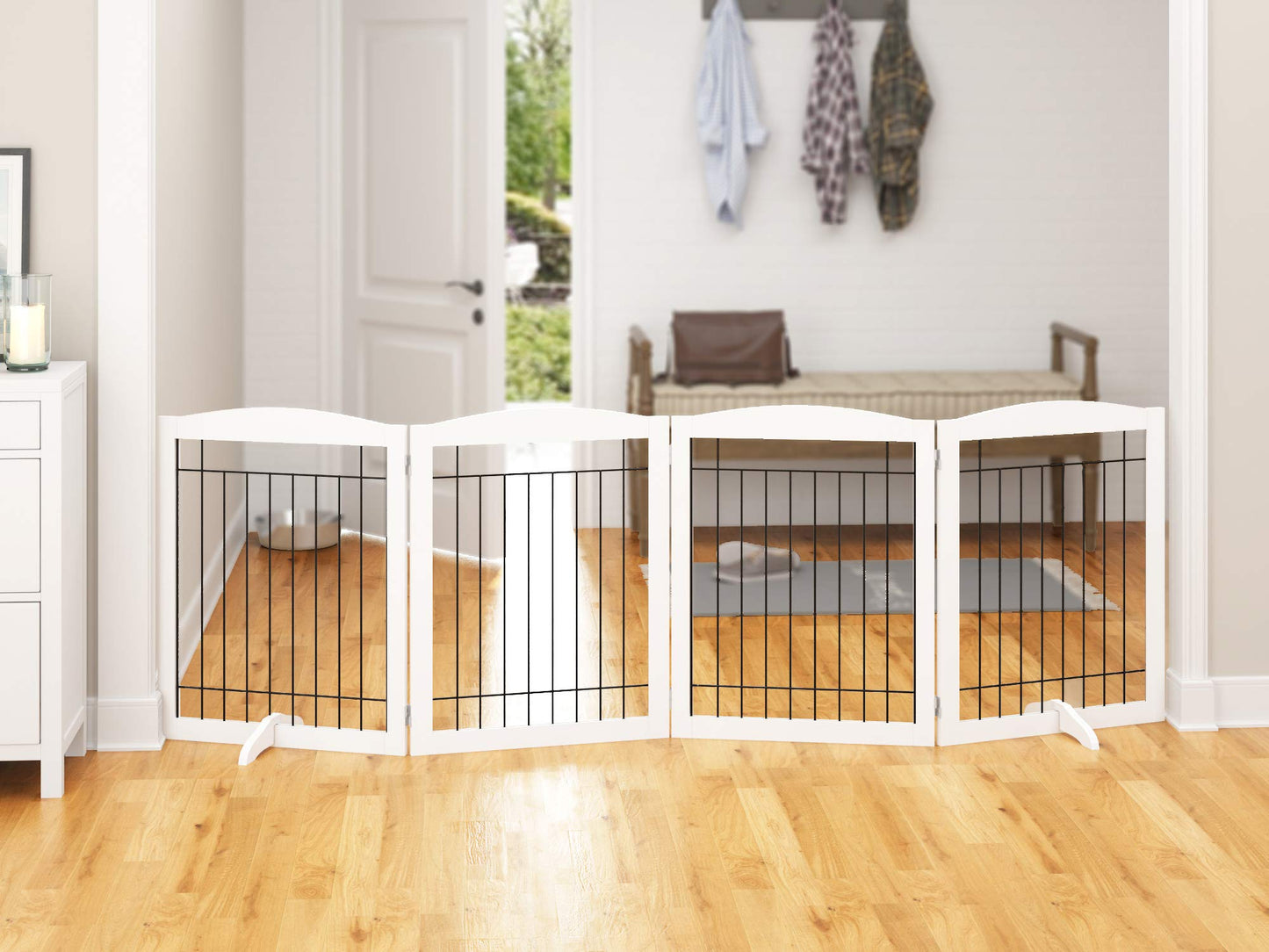 PAWLAND 144-inch Extra Wide 30-inches Tall Dog gate with Door Walk Through, Freestanding Wire Pet Gate for The House, Doorway, Stairs, Pet Puppy Safety Fence, Support Feet Included, Espresso,6 Panels
