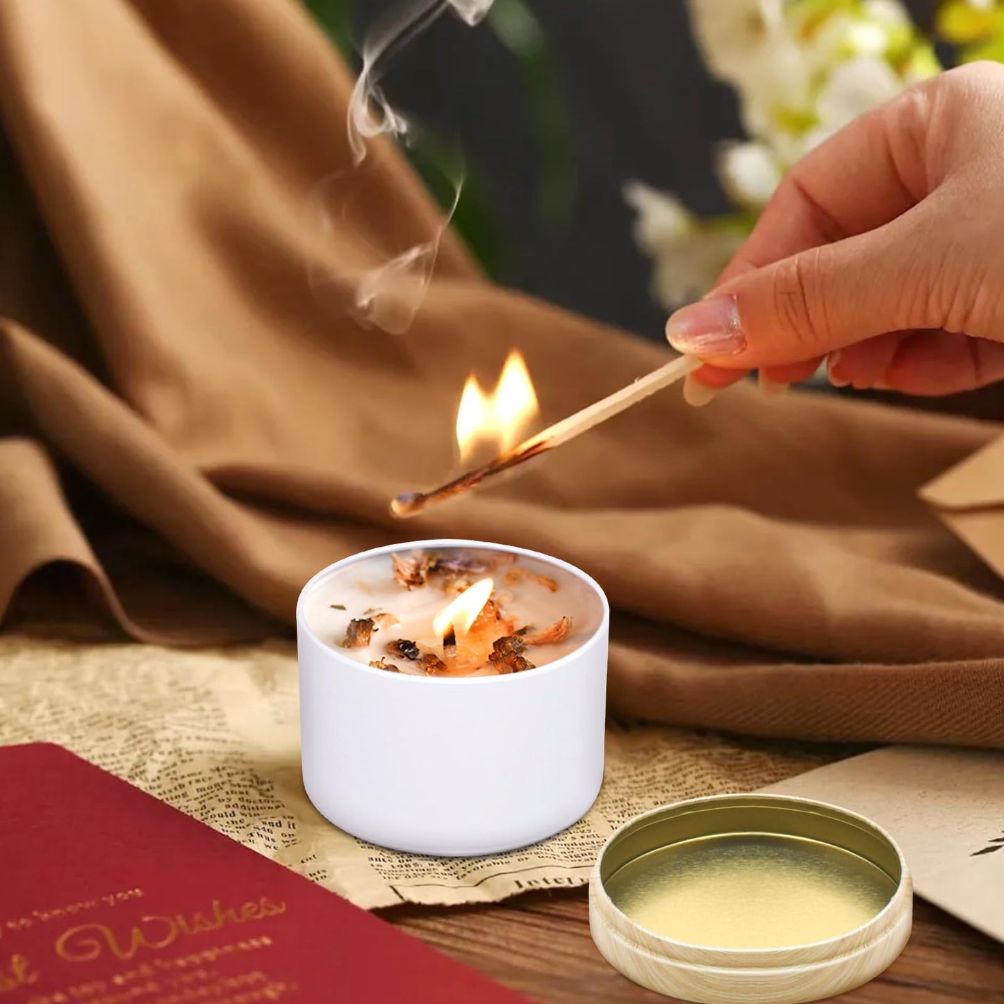 YJHSS 48-Pack White Candle Tins, 24pcs 8oz + 24pcs 4oz Candle tins with Metal Wood-Grain Printing Lids, Empty Candle Jars for Making Candles, Bulk Candle Containers Candle Making Jars for Christmas
