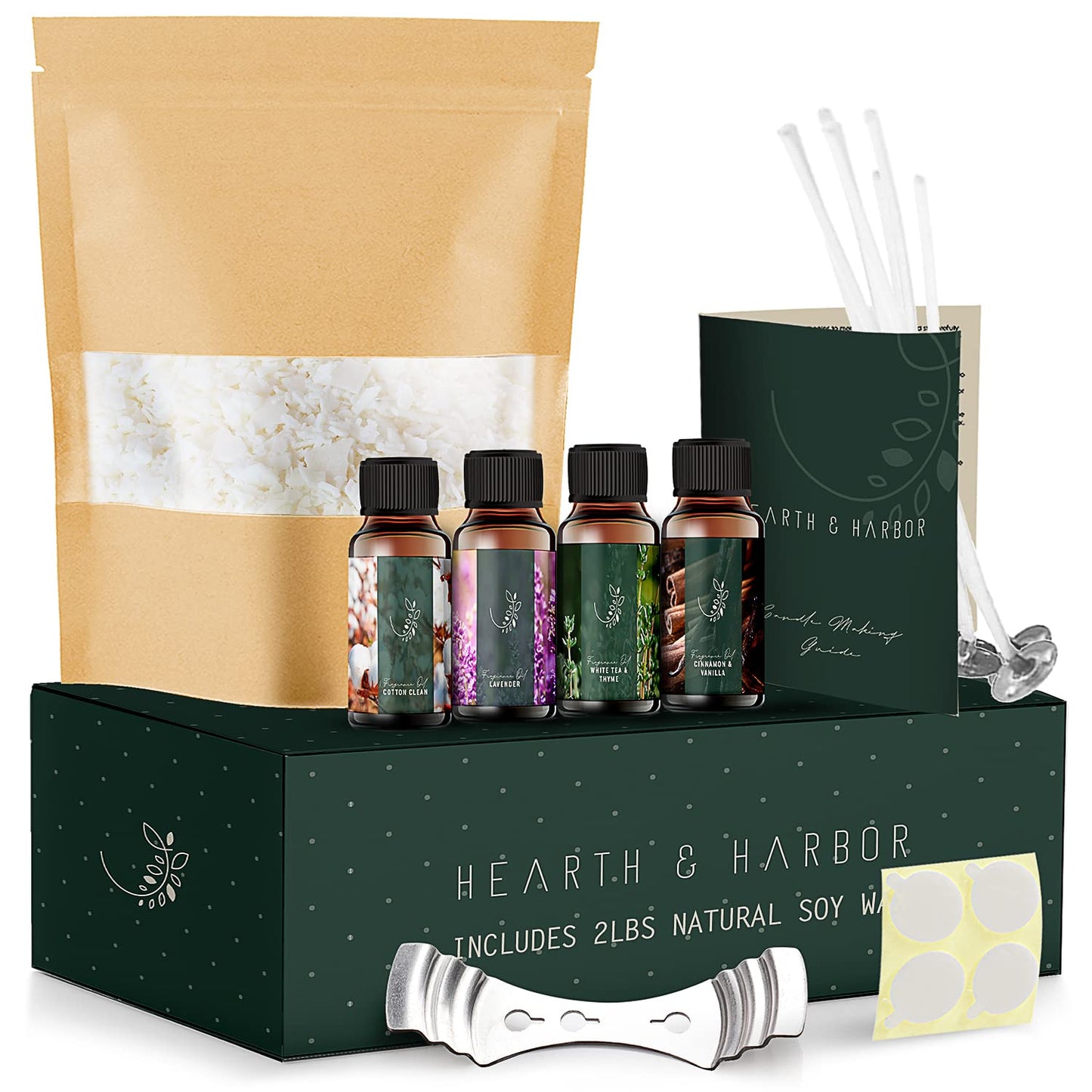 Hearth & Harbor Soy Candle Wax for Candle Making 10 lb Bag, Premium Natural Soy Wax Flakes, 100 Cotton Candle Wicks, 100 Wick Stickers, & 2 Centering Devices