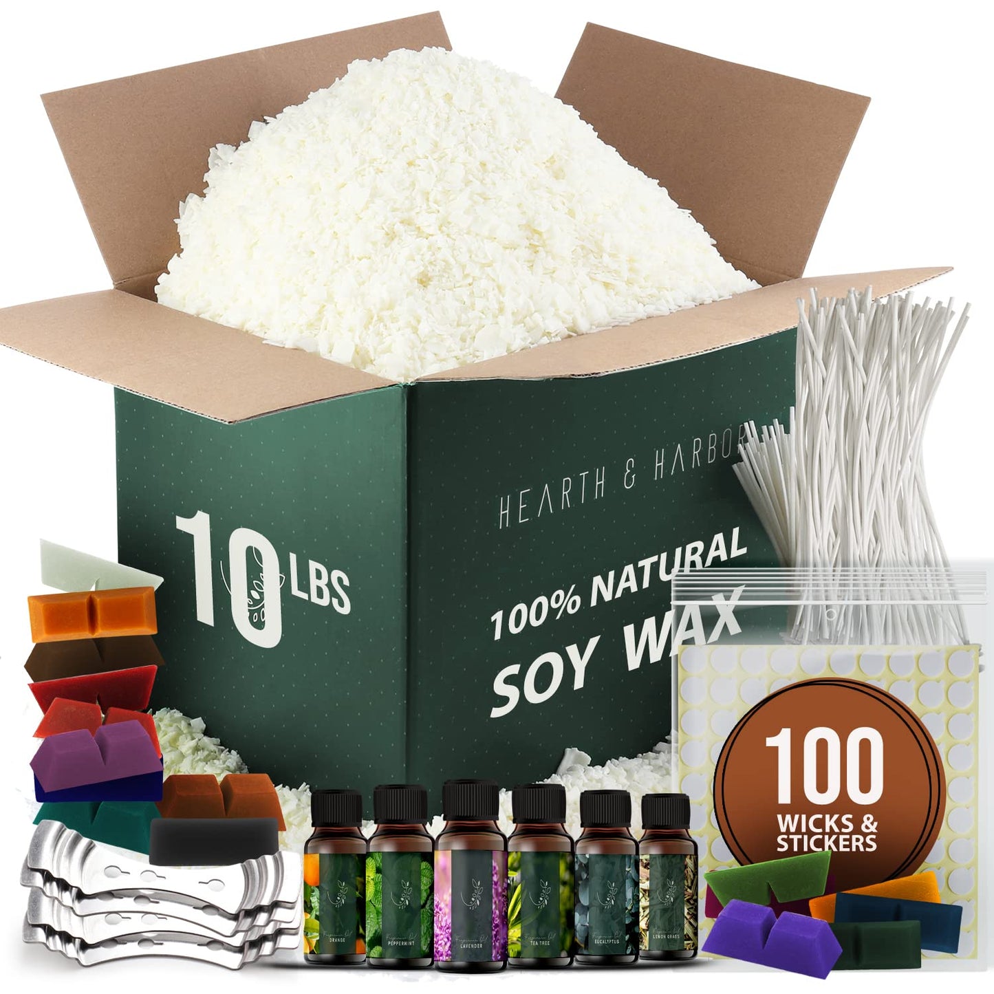 Hearth & Harbor Soy Candle Wax for Candle Making 10 lb Bag, Premium Natural Soy Wax Flakes, 100 Cotton Candle Wicks, 100 Wick Stickers, & 2 Centering Devices