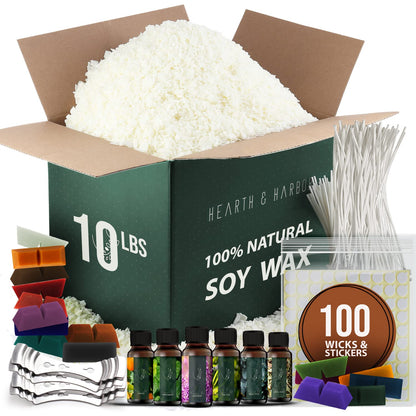 Hearth & Harbor Soy Candle Wax for Candle Making 10 lb Bag, Premium Natural Soy Wax Flakes, 100 Cotton Candle Wicks, 100 Wick Stickers, & 2 Centering Devices