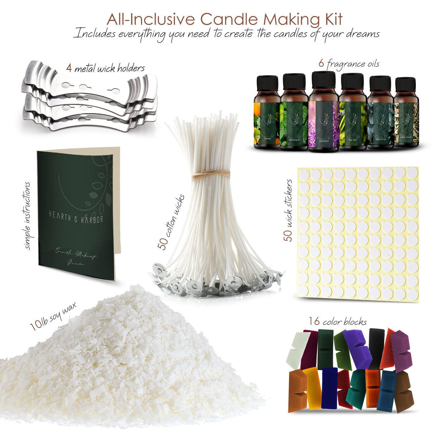Hearth & Harbor Soy Candle Wax for Candle Making 10 lb Bag, Premium Natural Soy Wax Flakes, 100 Cotton Candle Wicks, 100 Wick Stickers, & 2 Centering Devices