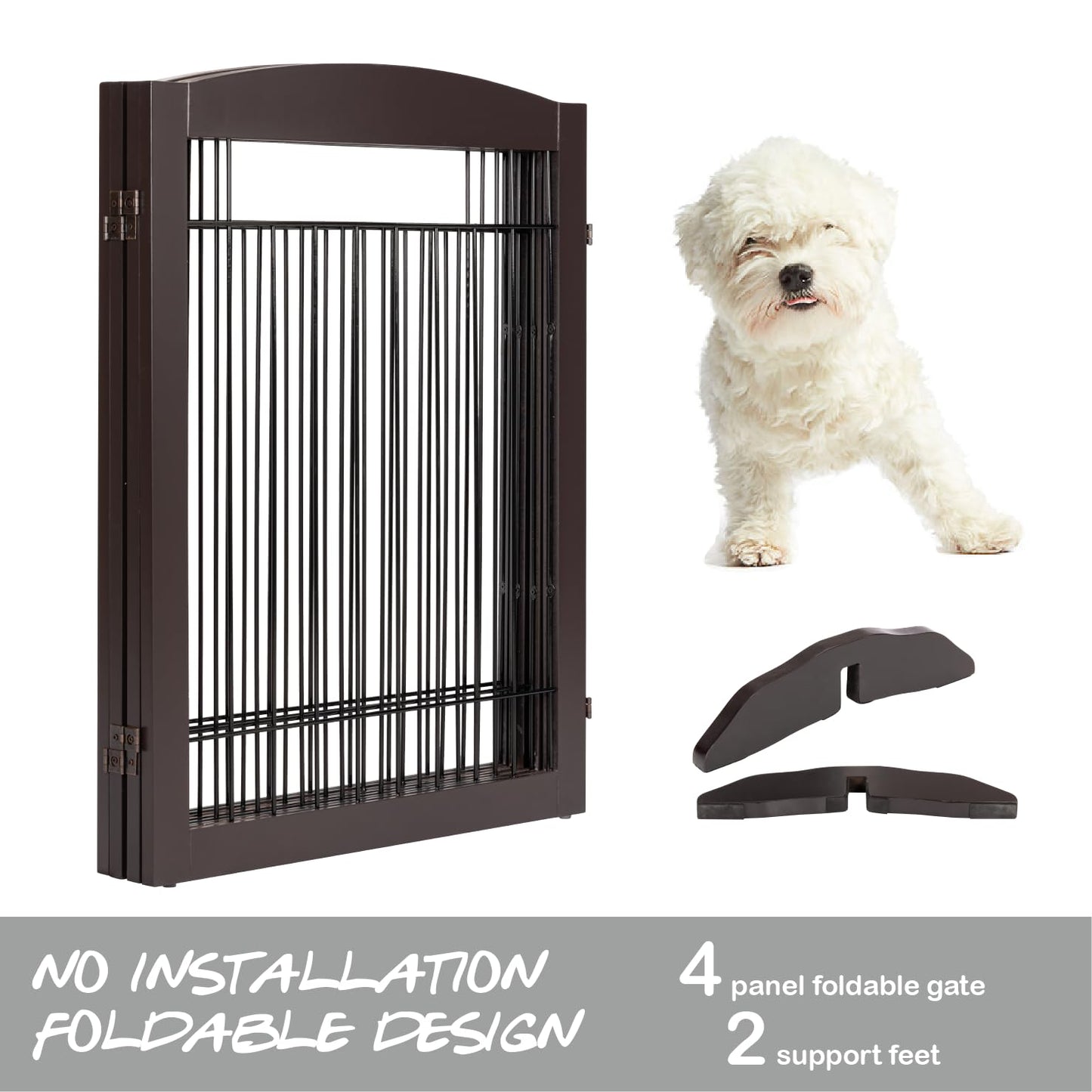 PAWLAND 144-inch Extra Wide 30-inches Tall Dog gate with Door Walk Through, Freestanding Wire Pet Gate for The House, Doorway, Stairs, Pet Puppy Safety Fence, Support Feet Included, Espresso,6 Panels