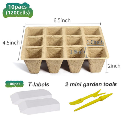 120 Cells Seed Starter Tray, 10 Packs Biodegradable Peat Pots for Seedlings, Organic Germination Plant Starter Kit with 100 Labels and 2 Transplant Tools