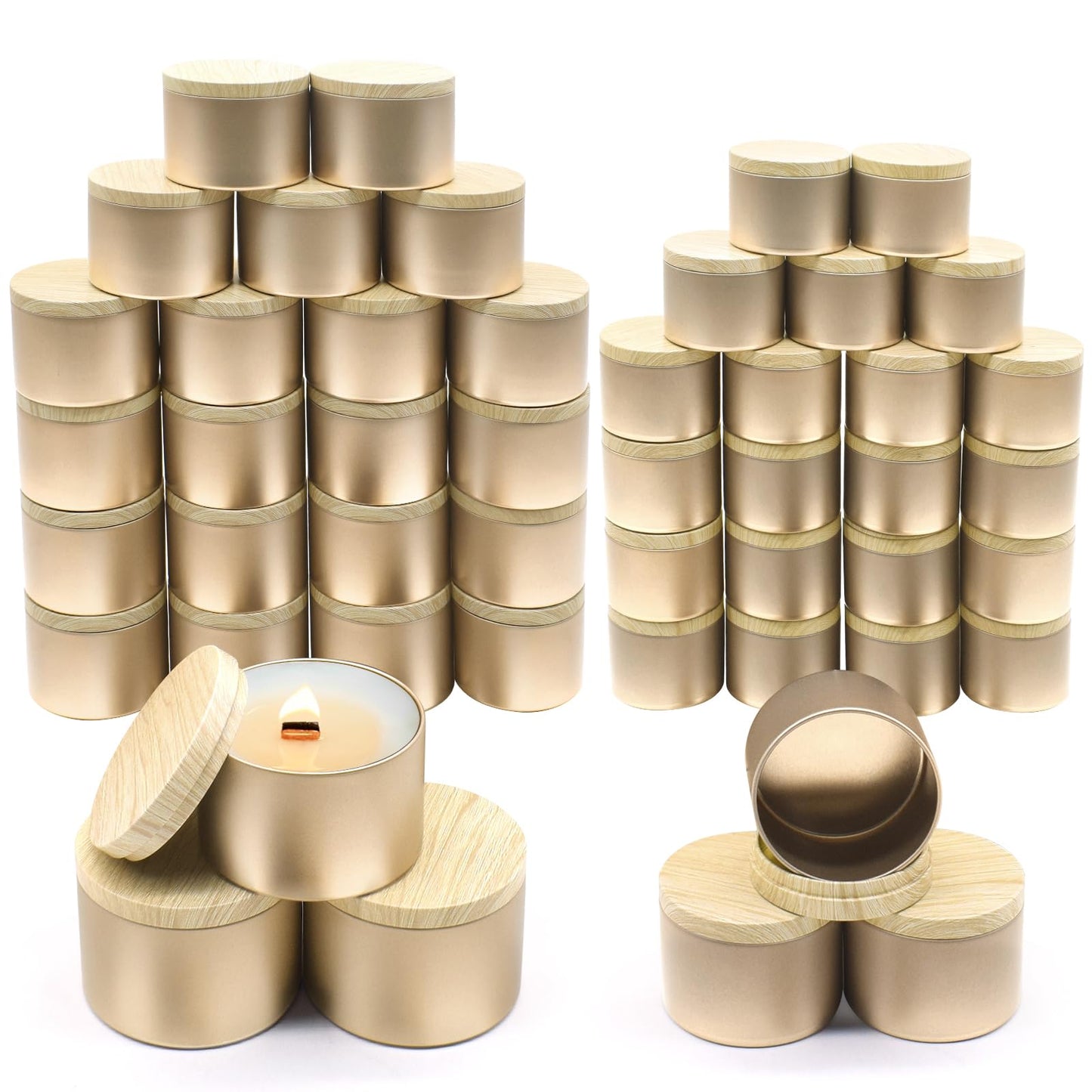 YJHSS 48-Pack White Candle Tins, 24pcs 8oz + 24pcs 4oz Candle tins with Metal Wood-Grain Printing Lids, Empty Candle Jars for Making Candles, Bulk Candle Containers Candle Making Jars for Christmas