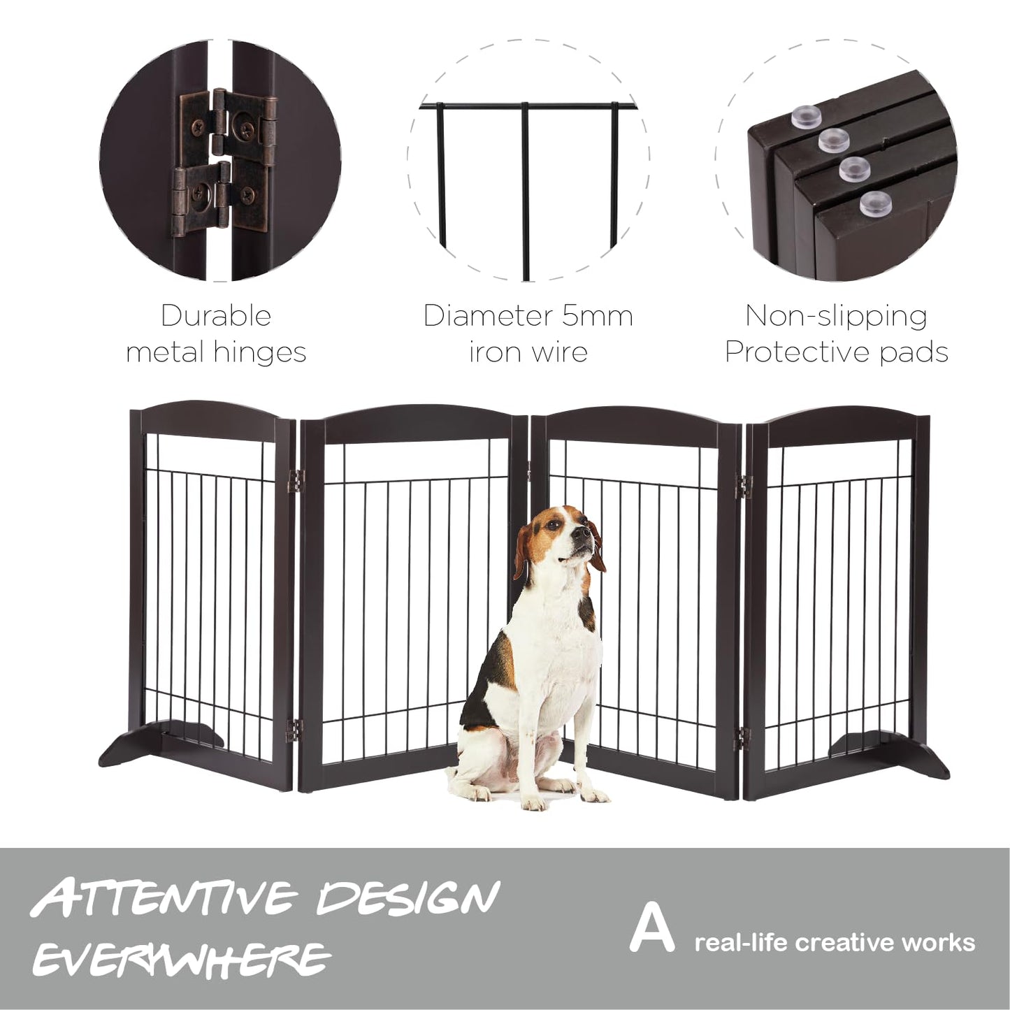 PAWLAND 144-inch Extra Wide 30-inches Tall Dog gate with Door Walk Through, Freestanding Wire Pet Gate for The House, Doorway, Stairs, Pet Puppy Safety Fence, Support Feet Included, Espresso,6 Panels