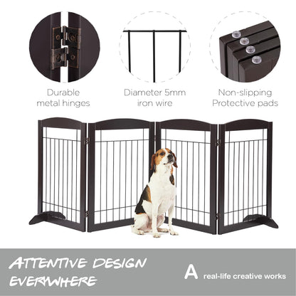 PAWLAND 144-inch Extra Wide 30-inches Tall Dog gate with Door Walk Through, Freestanding Wire Pet Gate for The House, Doorway, Stairs, Pet Puppy Safety Fence, Support Feet Included, Espresso,6 Panels