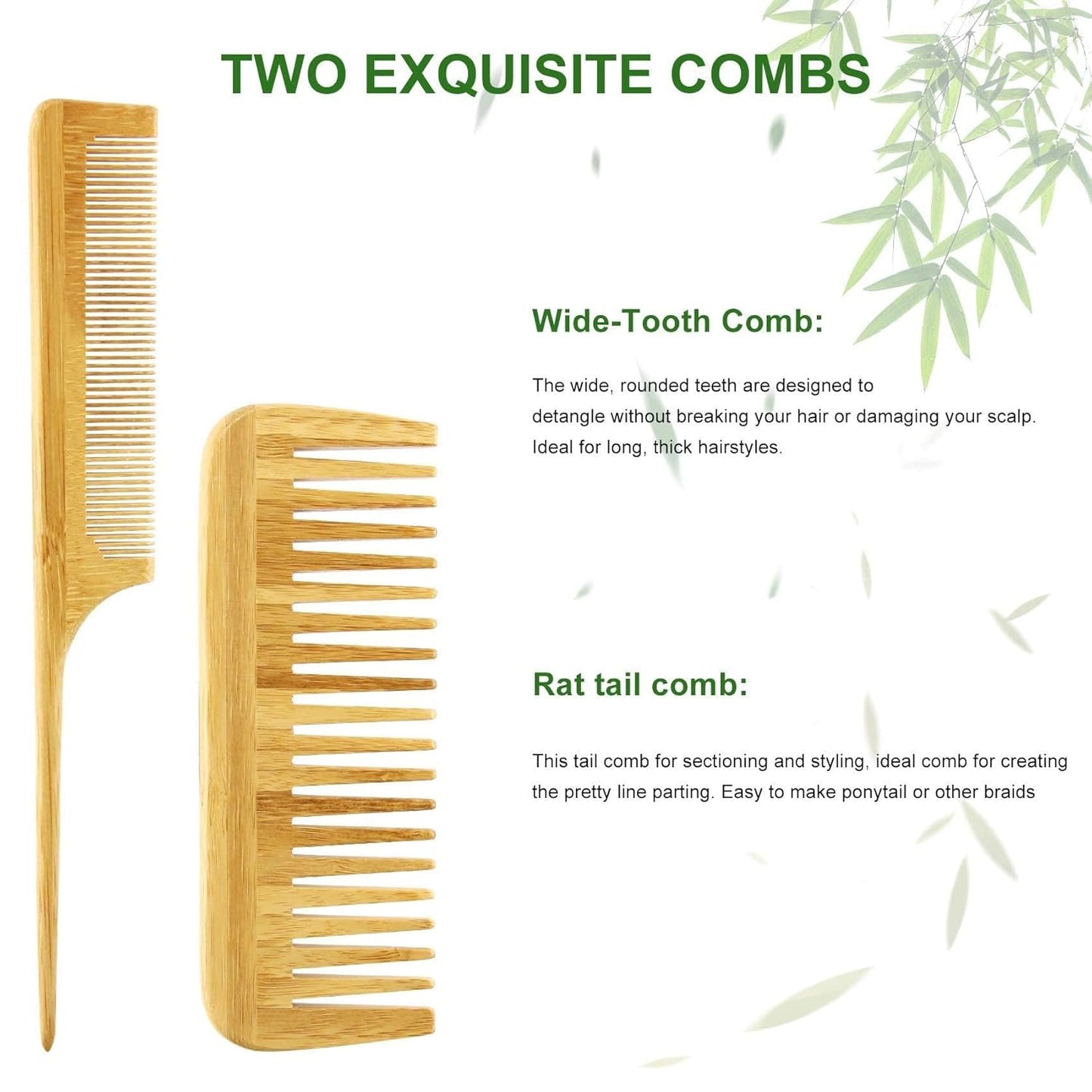 MRD Hair Brush Set, Natural Bamboo Comb Paddle Detangling Hairbrush, Wide-tooth and tail comb No Bristle, suit for Women Men and Kids Thick/Thin/Curly/Dry Hair Gift kit