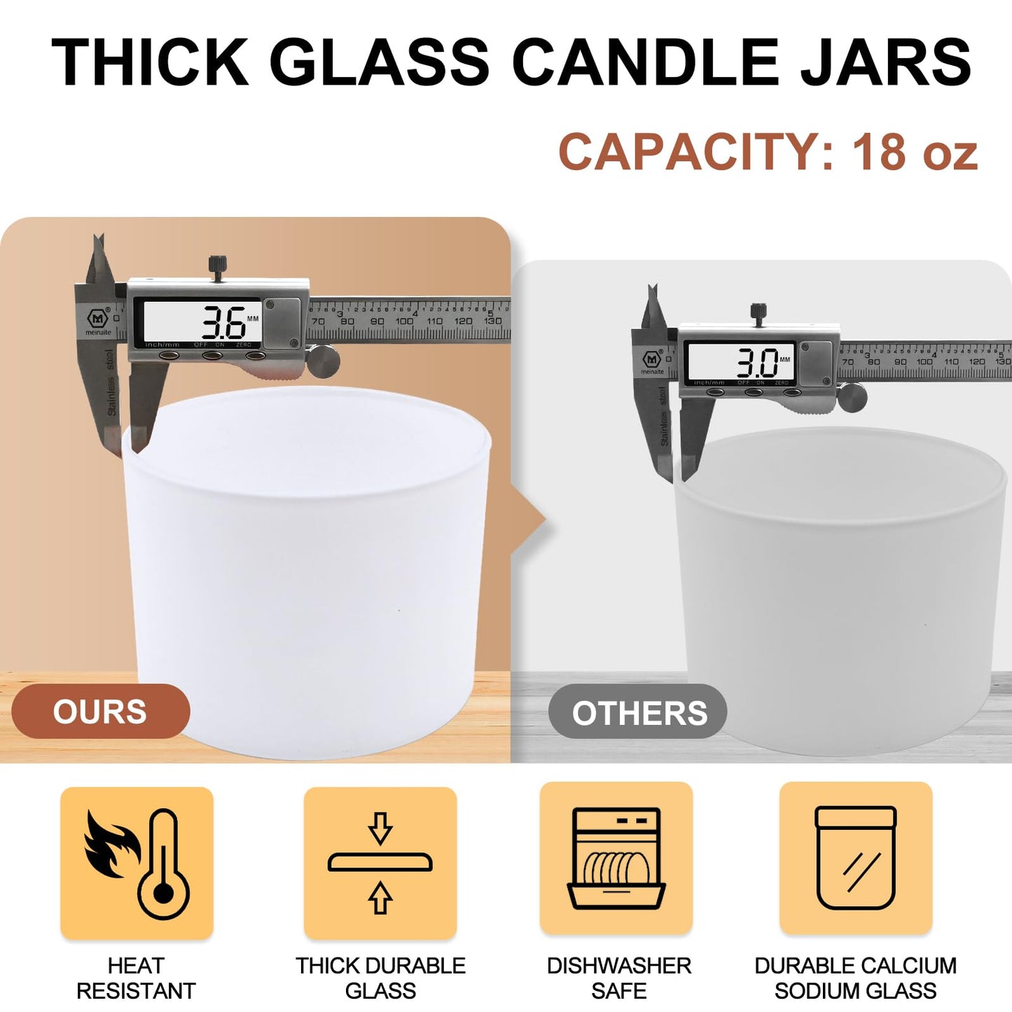 SHOWIN 18 OZ Thick Candle Jars for Making Candles 6 Pcs, Empty Jars with Wood Lids for Candle Making, Sample Container,Frosted White