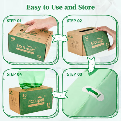 ECOLipak 49L Compostable Trash Bags – 100 Count (2 Rolls), Heavy Duty & Certified for Kitchen & Bathroom