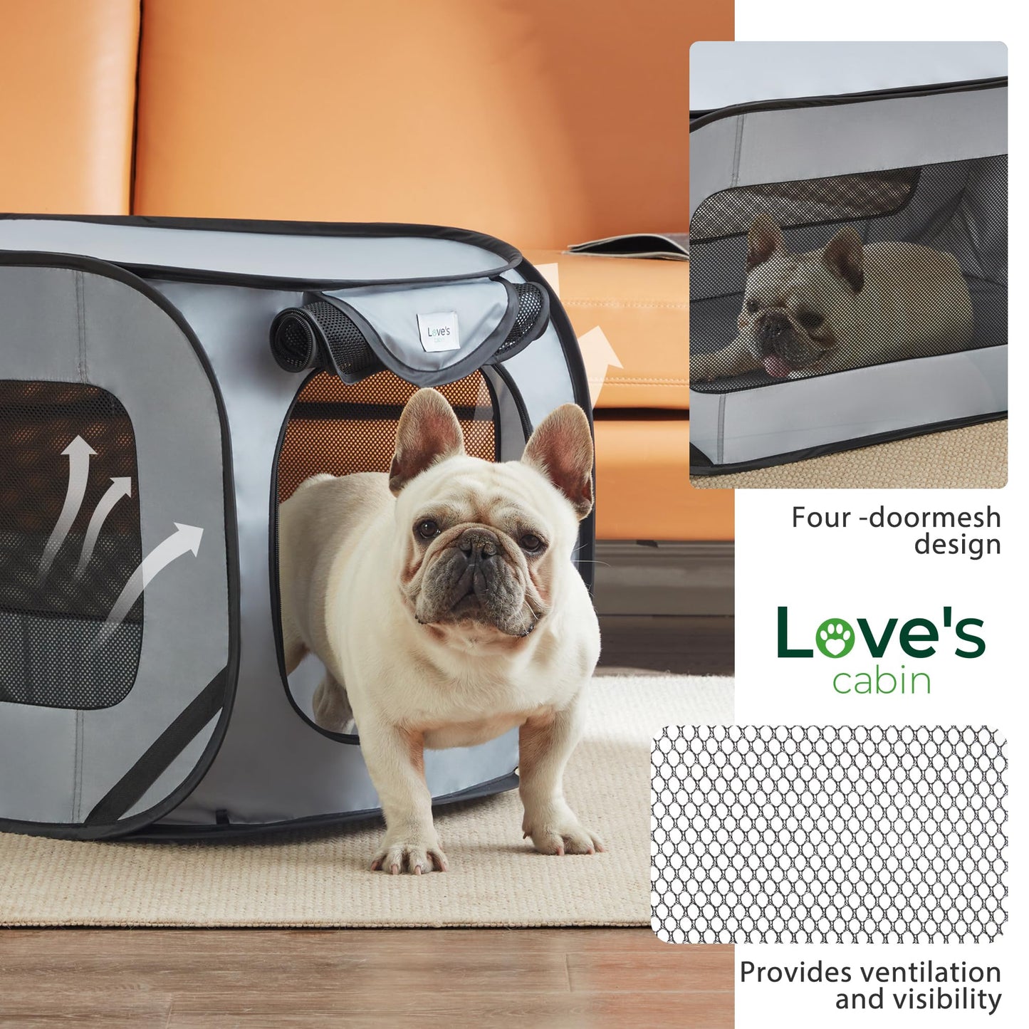 Love's cabin 36in Portable Large Dog Bed - Pop Up Dog Kennel, Indoor Outdoor Crate for Pets, Portable Car Seat Kennel, Cat Bed Collection, Grey