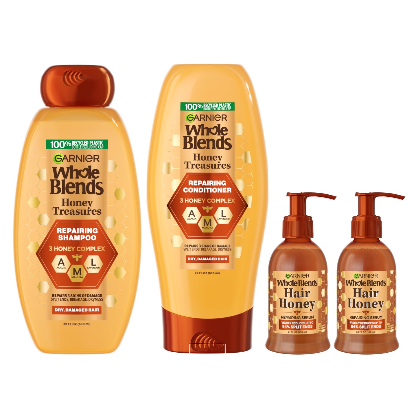 Garnier Whole Blends Honey Treasures Repairing Shampoo, for Dry, Damaged Hair, 22 Fl Oz, 2 Count (Packaging May Vary)