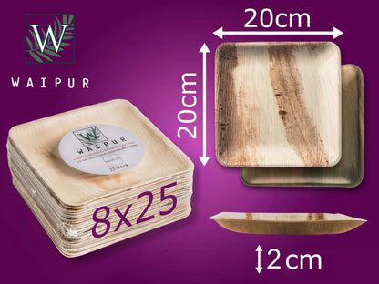 Waipur Platos Hoja de Palma Orgánicos - 25 Platos Desechables Cuadrados 25x25 cm -
