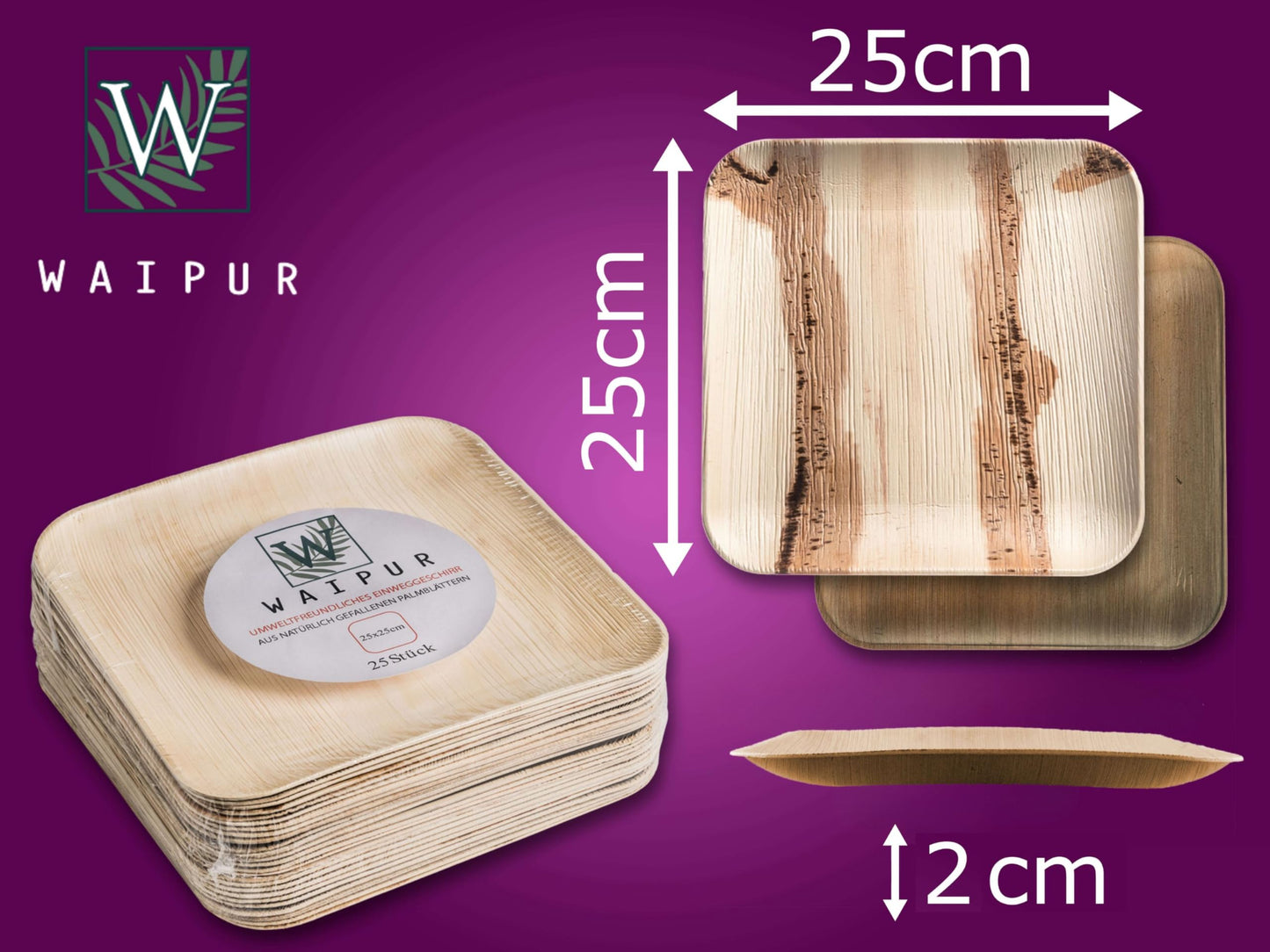Waipur Platos Hoja de Palma Orgánicos - 25 Platos Desechables Cuadrados 25x25 cm -