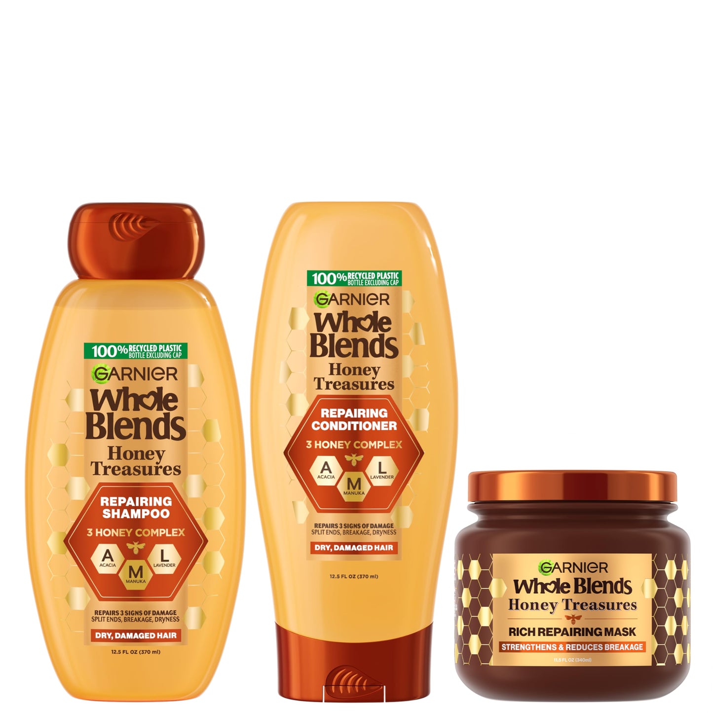 Garnier Whole Blends Honey Treasures Repairing Shampoo, for Dry, Damaged Hair, 22 Fl Oz, 2 Count (Packaging May Vary)