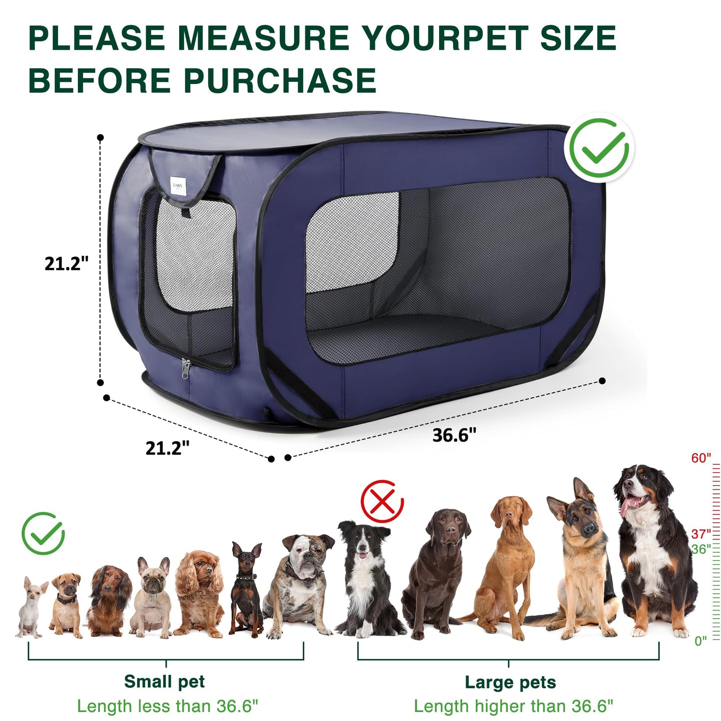 Love's cabin 36in Portable Large Dog Bed - Pop Up Dog Kennel, Indoor Outdoor Crate for Pets, Portable Car Seat Kennel, Cat Bed Collection, Grey