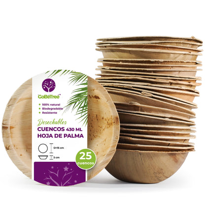 GoBeTree 25 Cuencos Hoja de Palma Redondos de 430ml, ecológicos, Cuencos rústicos y elegantes para barbacoas, picnic y Fiesta de cumpleaños. Cuencos similares al bambú.