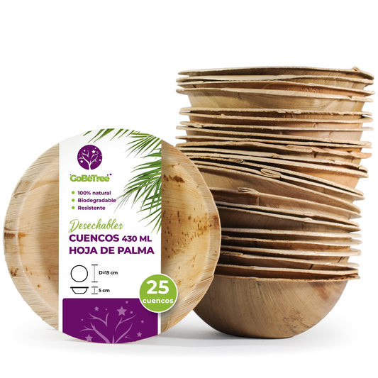 GoBeTree 25 Cuencos Hoja de Palma Redondos de 430ml, ecológicos, Cuencos rústicos y elegantes para barbacoas, picnic y Fiesta de cumpleaños. Cuencos similares al bambú.