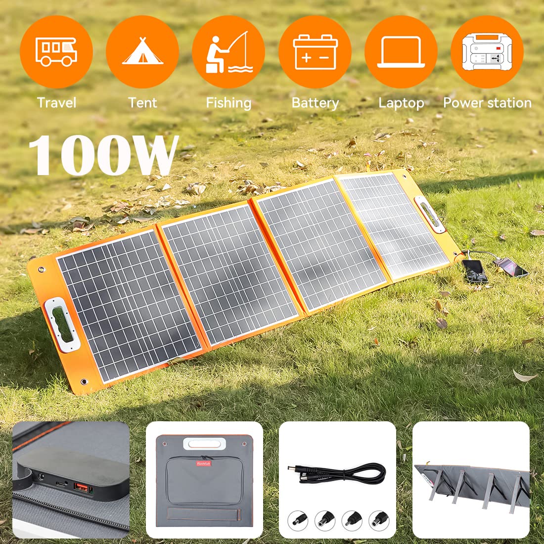 Foldable Solar Panel, FF FLASHFISH 18V/60W Portable Solar Charger Charge for Portable Power Station, Phone, Laptop, with DC Output, 45W USB-C, QC3.0 Port When Camping Fishing Van RV Road Trip