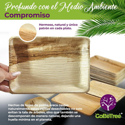 GoBeTree Bandejas Desechables de Hoja de Palma 30 Piezas, 25 Bandeja Rectangular de 23 x 16 cm y 5 Platos Cuadrados de 10 cm. vajilla Rustica de Madera para barbacoas y Fiesta de cumpleaños.