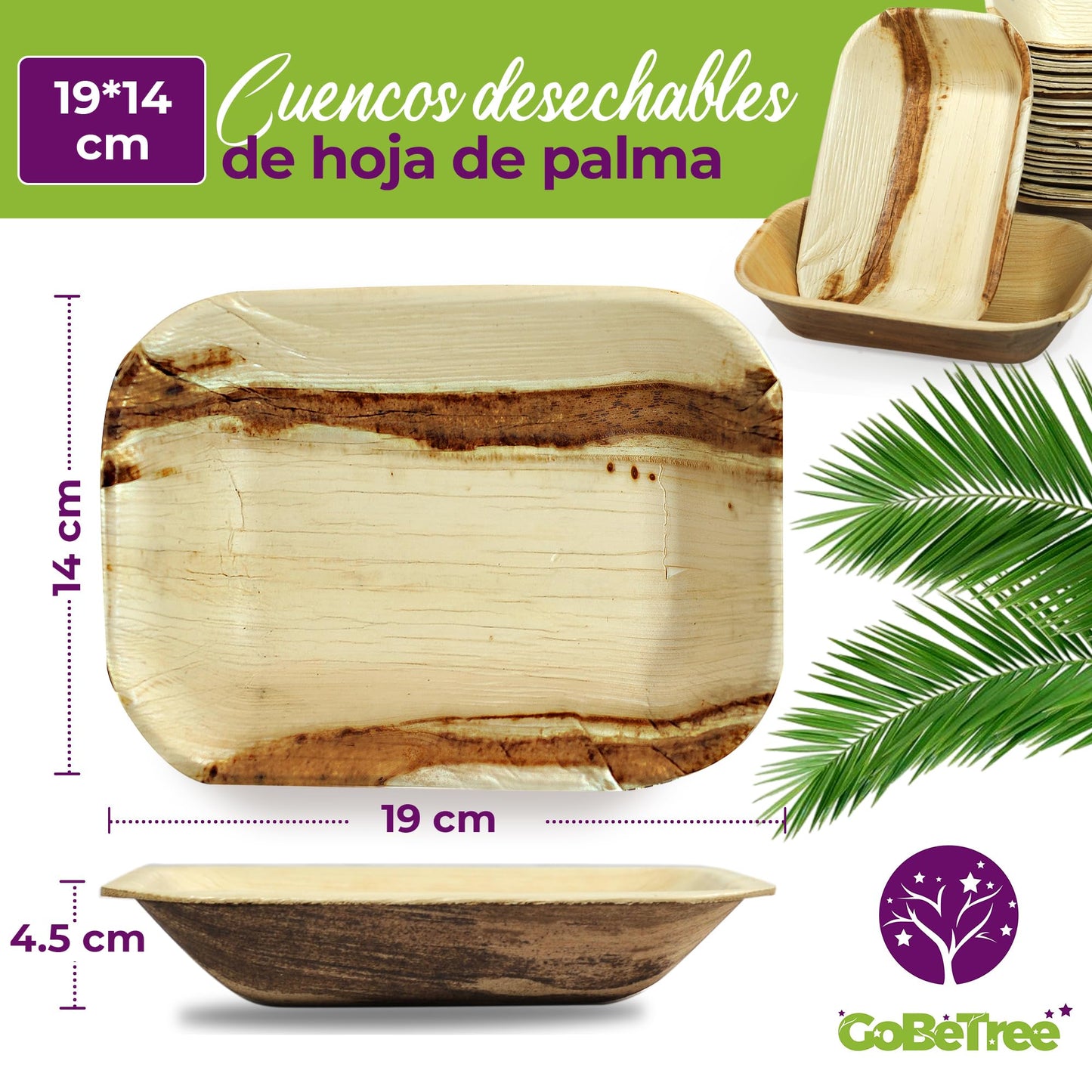 GoBeTree 25 Cuencos Hoja de Palma Redondos de 430ml, ecológicos, Cuencos rústicos y elegantes para barbacoas, picnic y Fiesta de cumpleaños. Cuencos similares al bambú.
