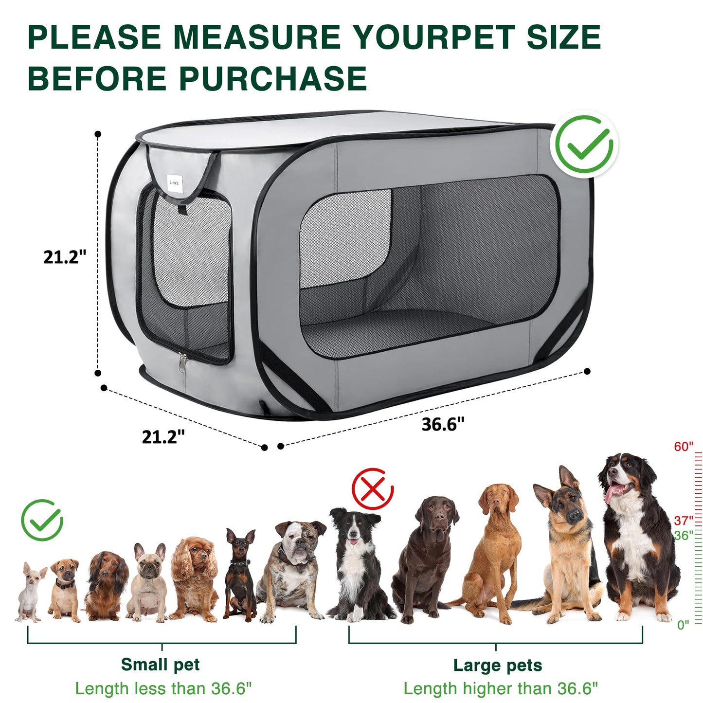 Love's cabin 36in Portable Large Dog Bed - Pop Up Dog Kennel, Indoor Outdoor Crate for Pets, Portable Car Seat Kennel, Cat Bed Collection, Grey