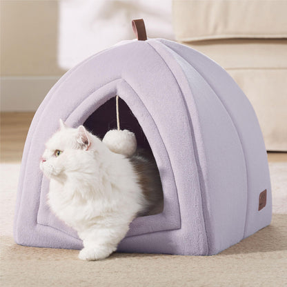 Bedsure Cat Beds for Indoor - 2 in 1 Cat Cave House Tent for Kittens and Small Pets with Removable Washable Cushioned Pillow, Foldable Kitten Hideaway with Non-Slip Bottom, Grey, 16 inches
