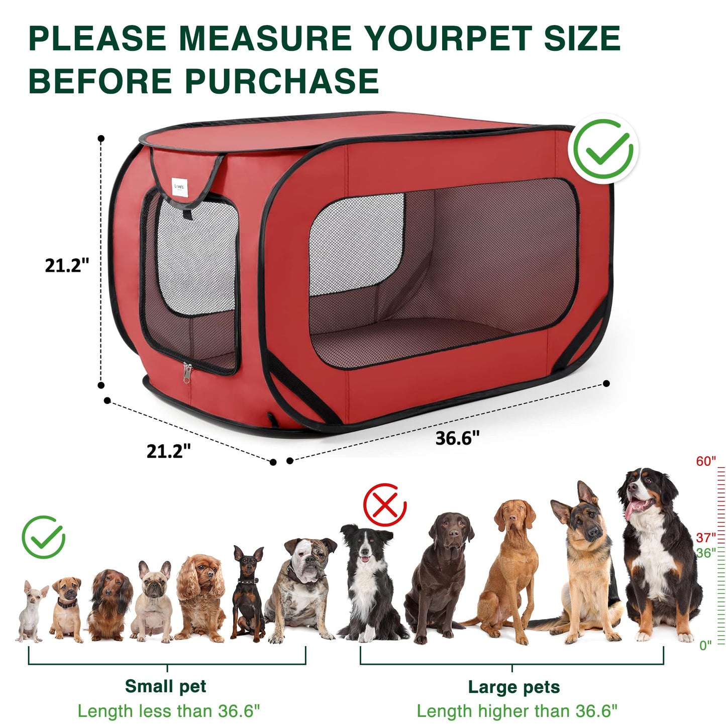 Love's cabin 36in Portable Large Dog Bed - Pop Up Dog Kennel, Indoor Outdoor Crate for Pets, Portable Car Seat Kennel, Cat Bed Collection, Grey