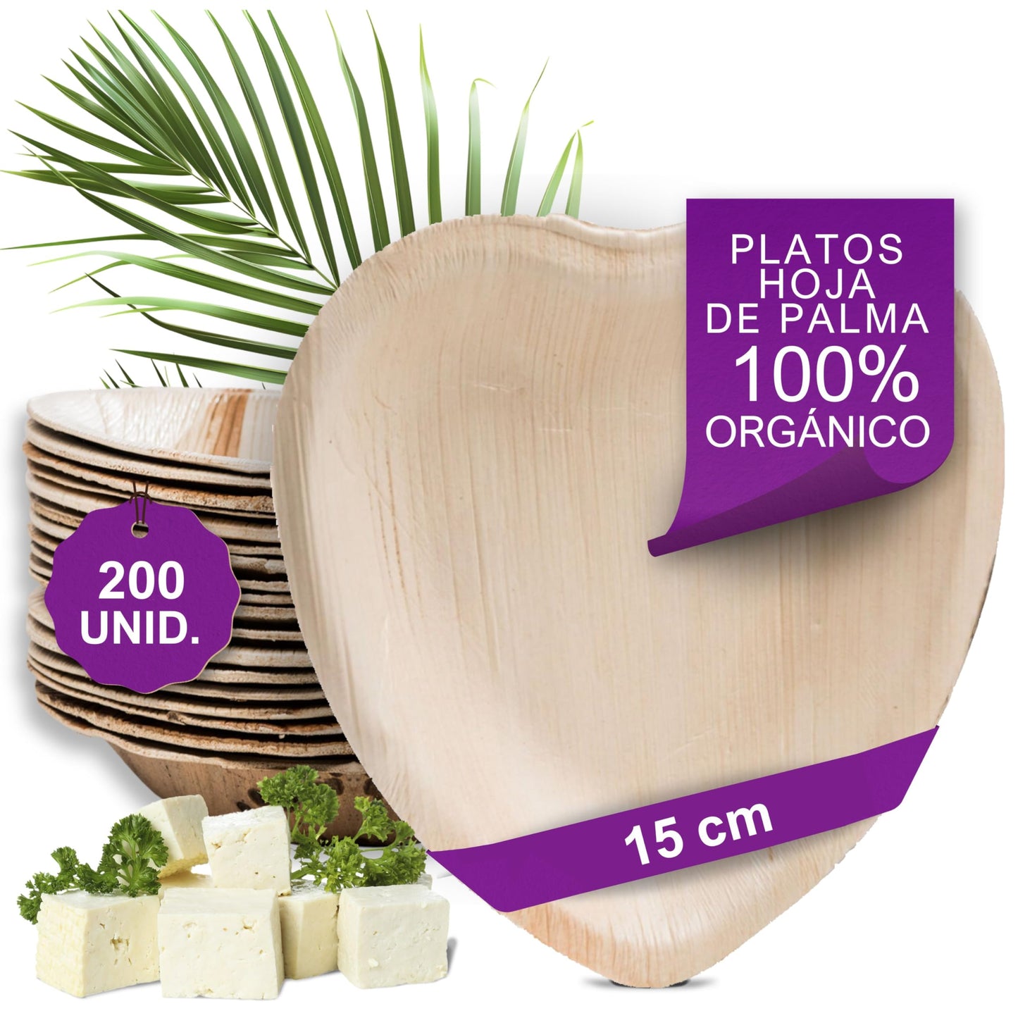 Waipur Platos Hoja de Palma Orgánicos - 25 Platos Desechables en Forma de Corazón - 10 cm - Vajilla Ecológica Premium, Estable, Natural y Biodegradable - Platos Cocktail Elegantes