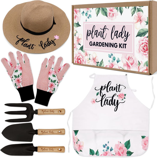 Percozzi Plant Lady Gardening Gifts for Women Gardening Tools Kit with Planting Tools Straw Hat Floral Apron Glove for Her Spring Outdoor Grandmother Horticulture Starter Set of 6