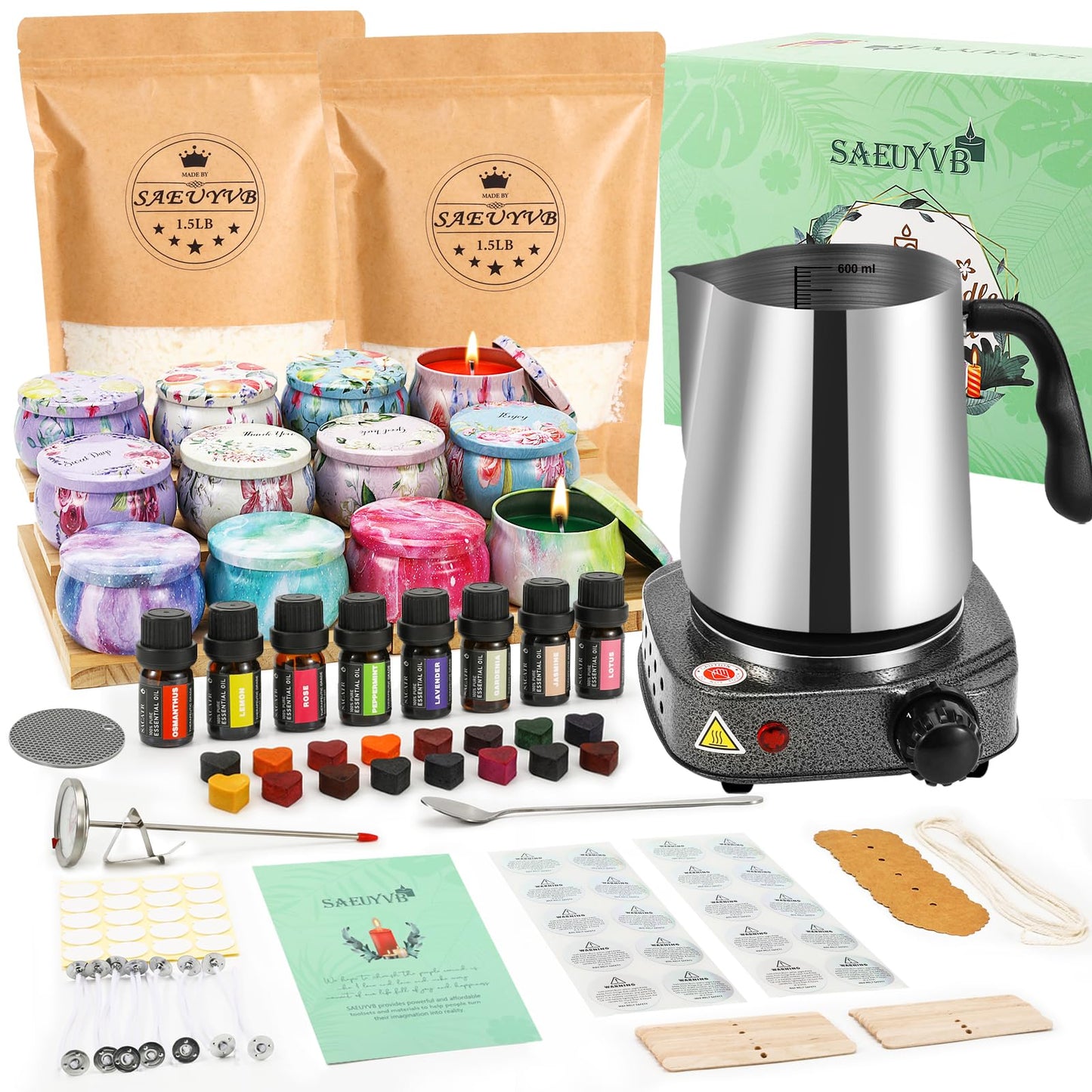 SAEUYVB Candle Making Kit - DIY Starter Soy Candle Making Supplies/Kit - Soy Wax, 10 Jars & Tins, 10 Pleasant Scents, Color Dyes & More，Perfect Candle Making Kit for Adults