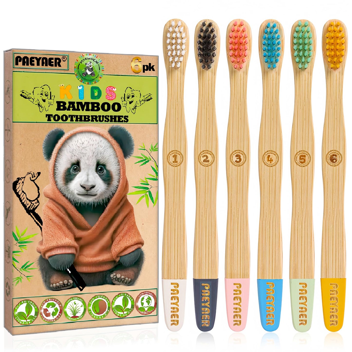 New Kids Bamboo Toothbrushes - 6 Pack, Organic Soft Bristle Toothbrush for Kids, Biodegradable Children's Toothbrushes (Toddler Toothbrush Ages 3-12, Multicolor)