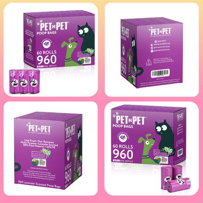 Pet N Pet Poop Bags for Dogs, 288 Counts Lavender Scented Dog Poop Bags Rolls with Leash Dispenser, USDA Certified 38% Plant Based & 62% PE Dogs Waste Bag, Doggie Poo Bag