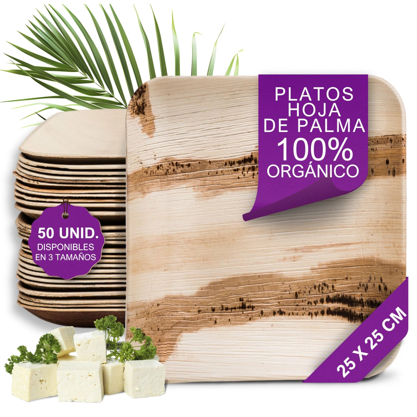 Waipur Platos Hoja de Palma Orgánicos - 25 Platos Desechables Cuadrados 25x25 cm -