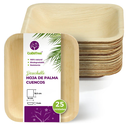 GoBeTree 25 Cuencos Hoja de Palma Redondos de 430ml, ecológicos, Cuencos rústicos y elegantes para barbacoas, picnic y Fiesta de cumpleaños. Cuencos similares al bambú.