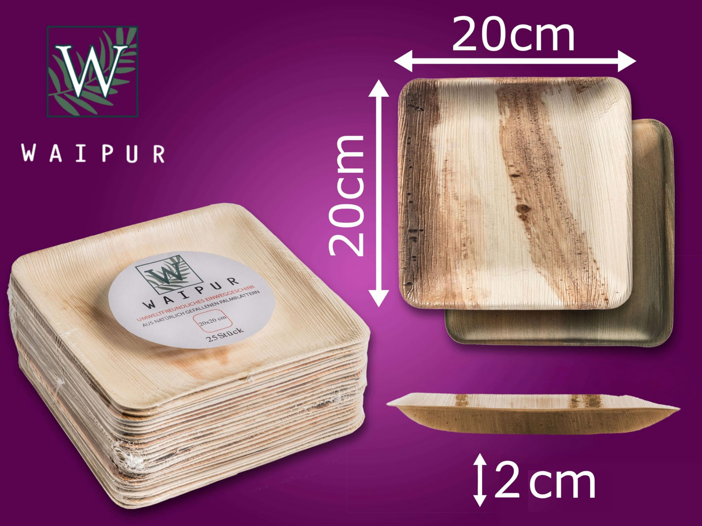 Waipur Platos Hoja de Palma Orgánicos - 25 Platos Desechables Cuadrados 25x25 cm -