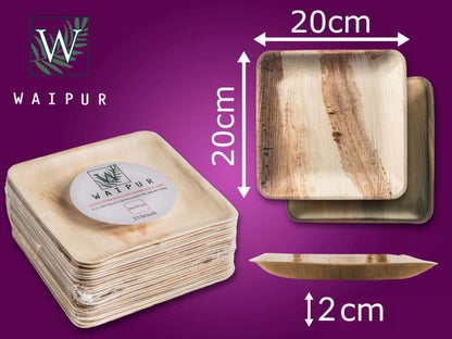 Waipur Platos Hoja de Palma Orgánicos - 25 Platos Desechables Cuadrados 25x25 cm -