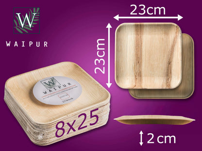 Waipur Platos Hoja de Palma Orgánicos - 25 Platos Desechables Cuadrados 25x25 cm -