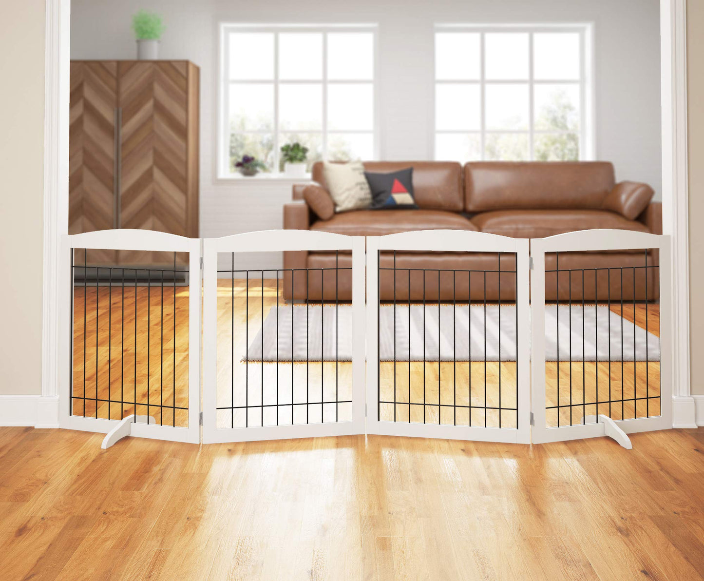 PAWLAND 144-inch Extra Wide 30-inches Tall Dog gate with Door Walk Through, Freestanding Wire Pet Gate for The House, Doorway, Stairs, Pet Puppy Safety Fence, Support Feet Included, Espresso,6 Panels