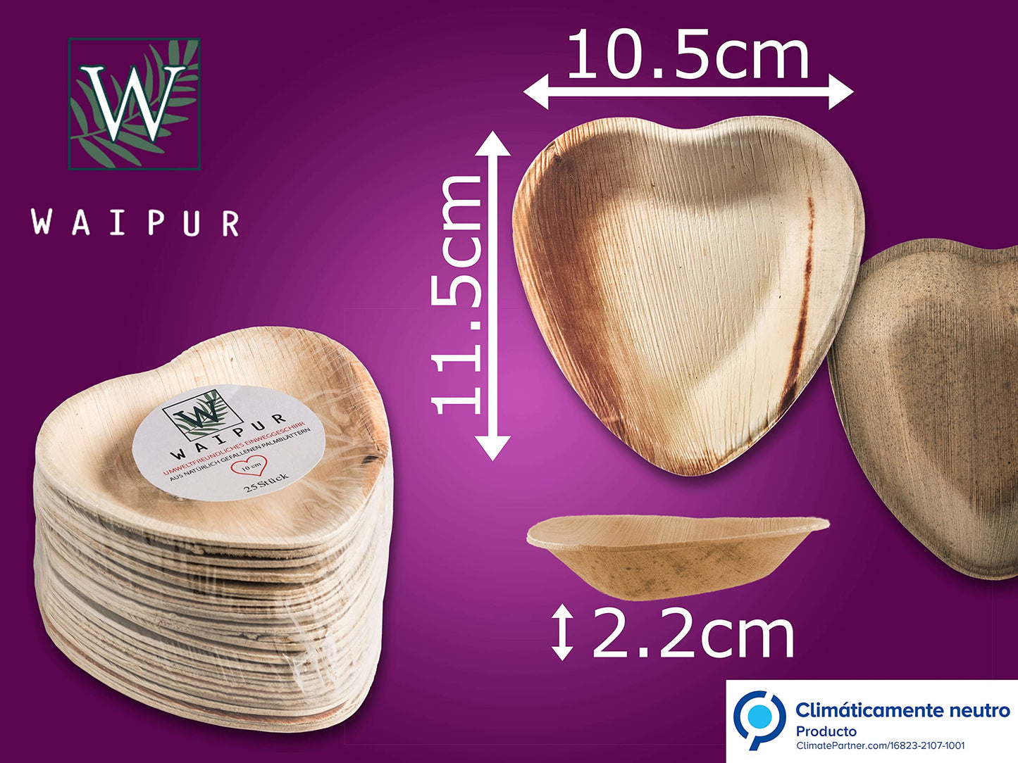 Waipur Platos Hoja de Palma Orgánicos - 25 Platos Desechables en Forma de Corazón - 10 cm - Vajilla Ecológica Premium, Estable, Natural y Biodegradable - Platos Cocktail Elegantes