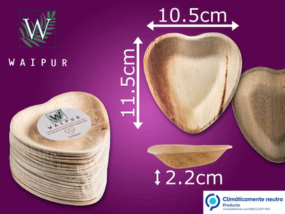 Waipur Platos Hoja de Palma Orgánicos - 25 Platos Desechables en Forma de Corazón - 10 cm - Vajilla Ecológica Premium, Estable, Natural y Biodegradable - Platos Cocktail Elegantes