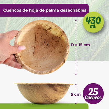 GoBeTree 25 Cuencos Hoja de Palma Redondos de 430ml, ecológicos, Cuencos rústicos y elegantes para barbacoas, picnic y Fiesta de cumpleaños. Cuencos similares al bambú.