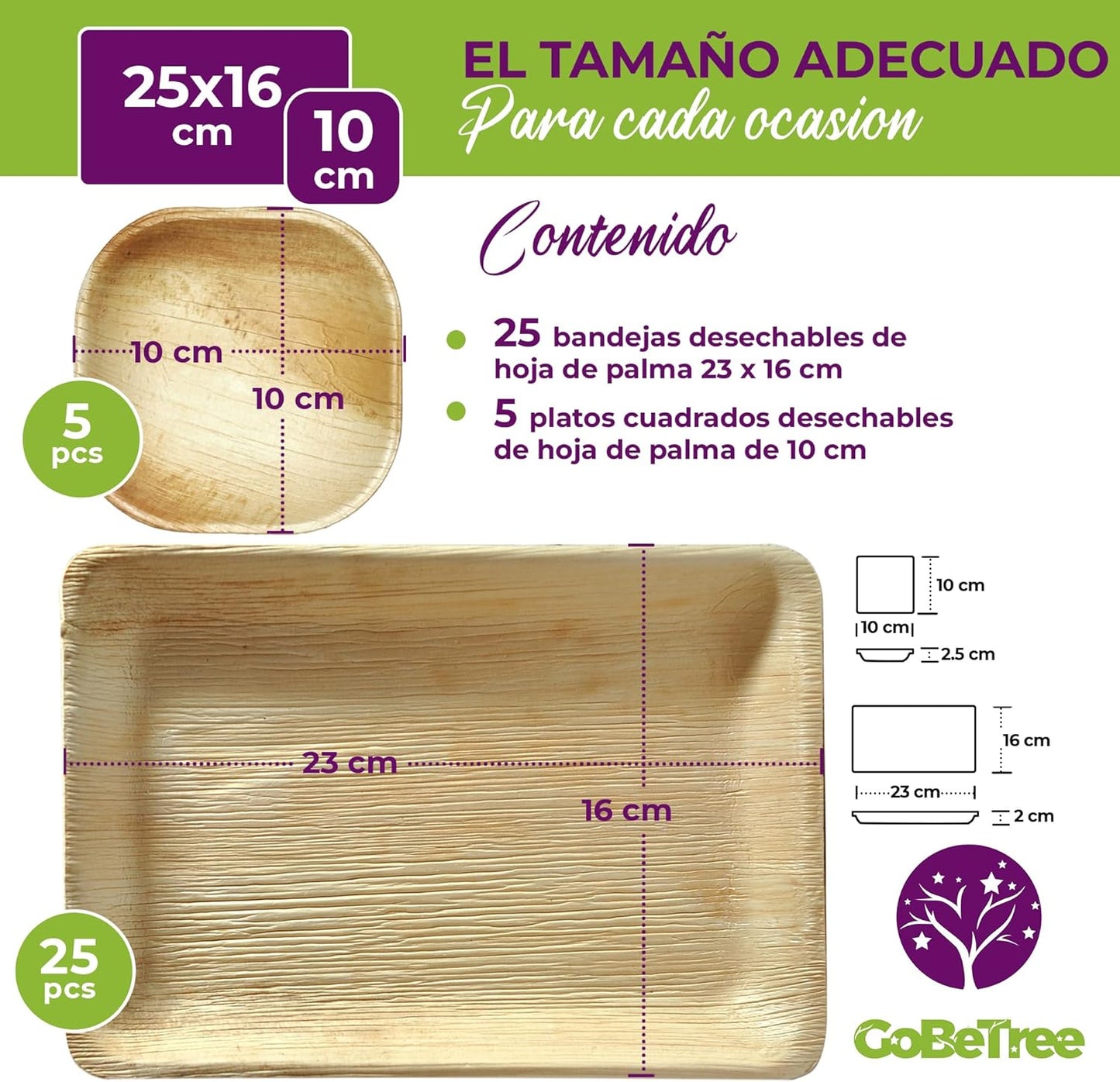 GoBeTree Bandejas Desechables de Hoja de Palma 30 Piezas, 25 Bandeja Rectangular de 23 x 16 cm y 5 Platos Cuadrados de 10 cm. vajilla Rustica de Madera para barbacoas y Fiesta de cumpleaños.