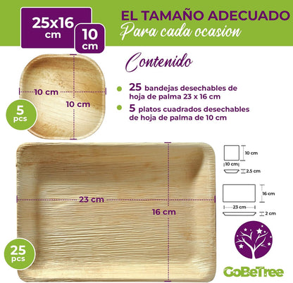 GoBeTree Bandejas Desechables de Hoja de Palma 30 Piezas, 25 Bandeja Rectangular de 23 x 16 cm y 5 Platos Cuadrados de 10 cm. vajilla Rustica de Madera para barbacoas y Fiesta de cumpleaños.